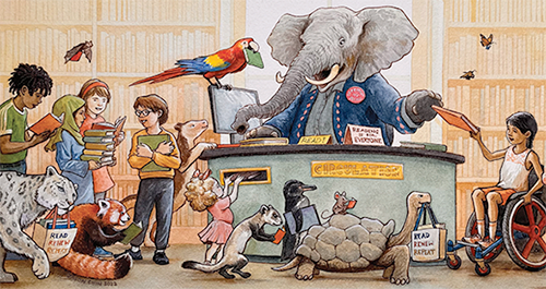 Summer Reading artwork of Elephant Librarian