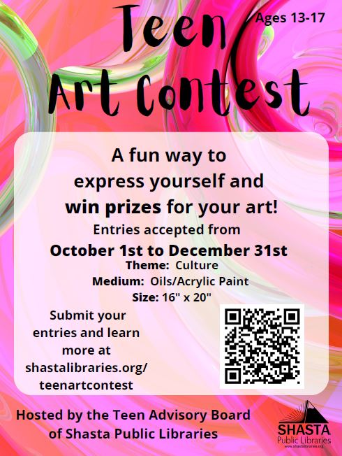 Teen Art Contest. Win prizes for your art. October 1st to December 31st.