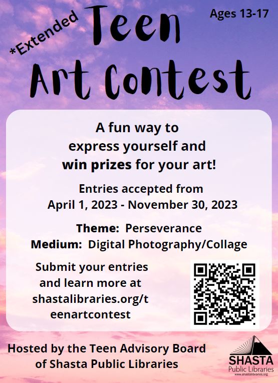 Teen Art Contest. Win prizes for your art. October 1st to December 31st.